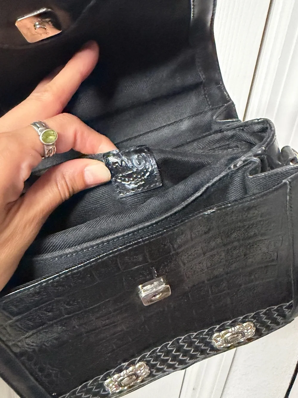 Black Croc-Embossed Top Handle Crossbody Bag